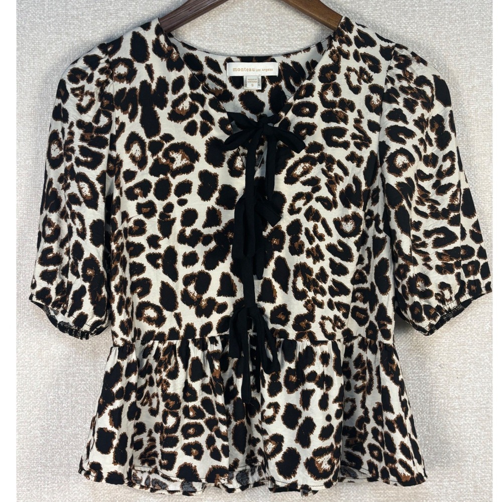 Monteau Leopard Print Front Ties Peplum Blouse Brown Black Small - Picture 1 of 7